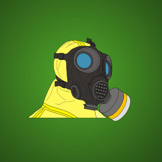 Illustration of person in a yellow chemical resistant suit and full face respirator
